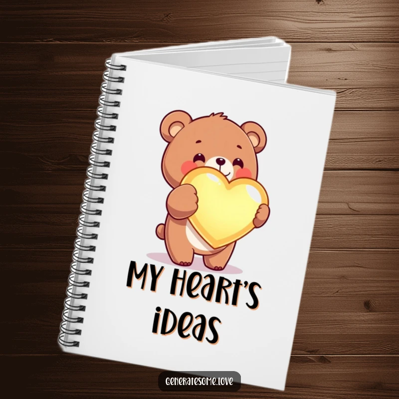 Funny kawaii bear notebook with a cute bear presenting a glowing heart, ideal for writing love notes.