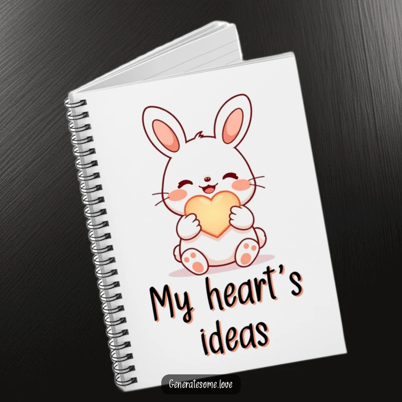 Funny joyful bunny notebook, holding a glowing heart symbol, perfect for writing thoughts and ideas.