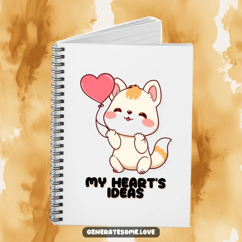 Funny playful animal character catching a floating heart on a notebook cover, inspiring playful writing and creativity.