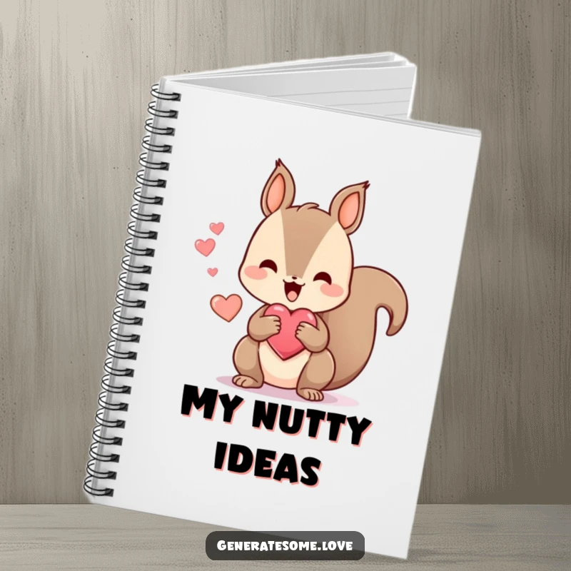 Funny notebook with a kawaii squirrel happily chattering while holding a heart-shaped treat, ideal for writing, drawing, and jotting down happy ideas.