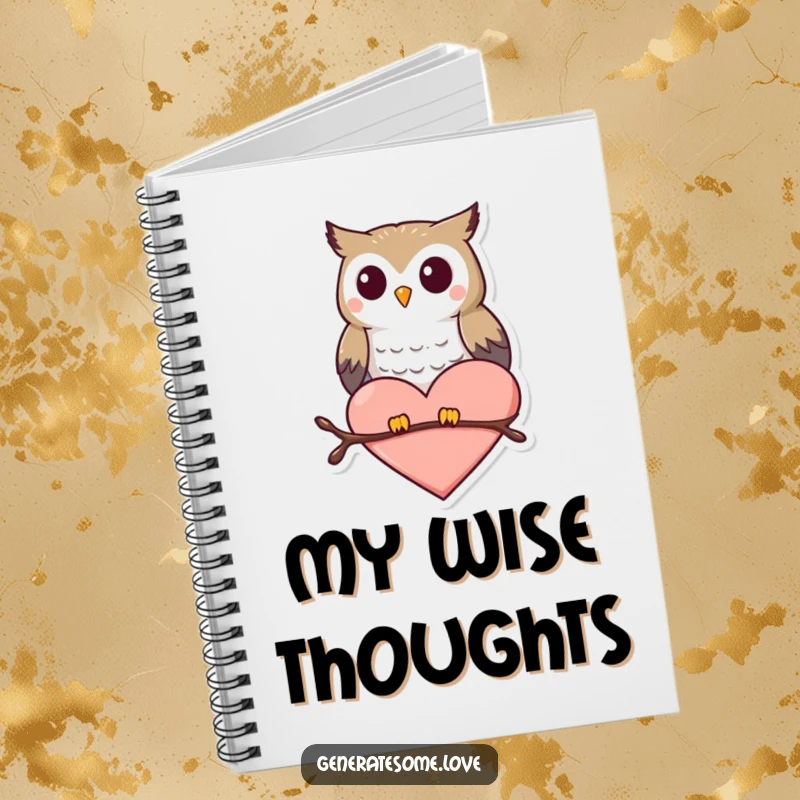 Funny notebook cover features a small, happy owl perched on a heart shape, ideal for loving notes.