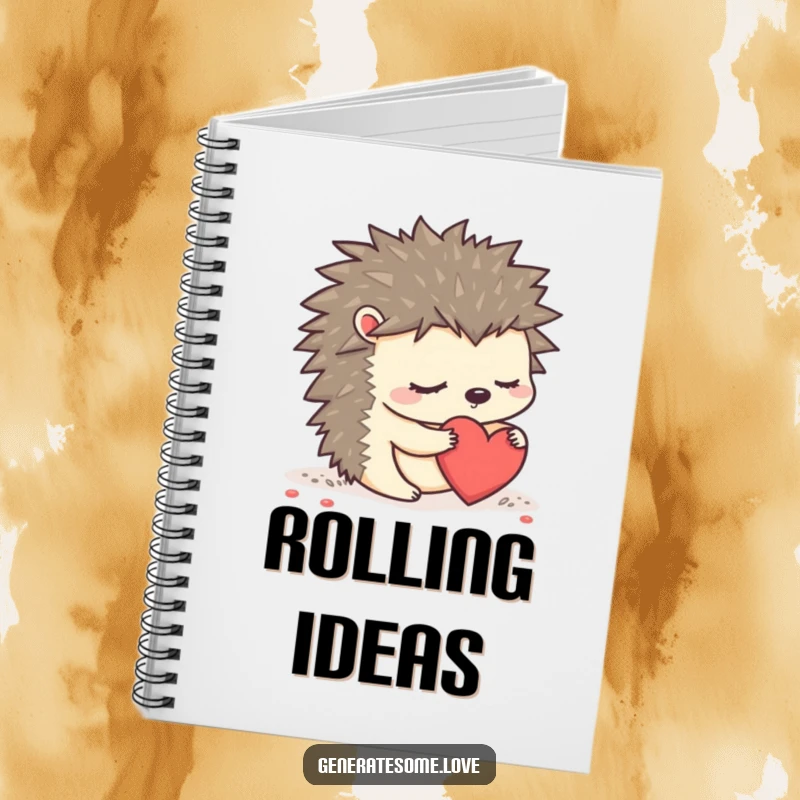 Funny sleepy hedgehog character on a notebook cover, rolling a heart, great for journaling and notes.