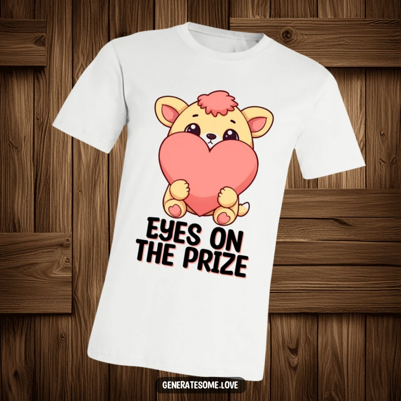 Funny cheerful animal character with wide, loving eyes gazing at a large heart on a t-shirt, symbolizing love and care.