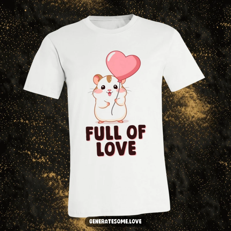 Funny chubby hamster character proudly holding a bright red heart balloon, celebrating love on a comfortable t-shirt.