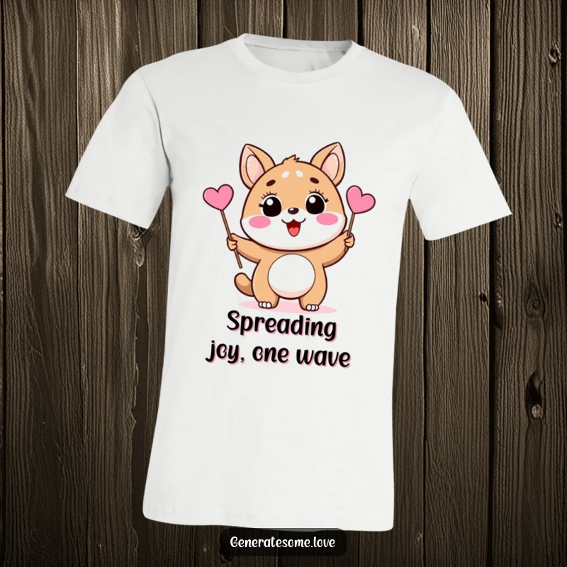 Funny T-shirt with a happy animal character joyfully waving a tiny pink heart flag, perfect for expressing love and delight.