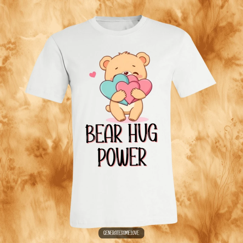 Funny t-shirt with a playful bear cub character hugging two intertwined red and pink hearts with pure joy and enthusiasm.