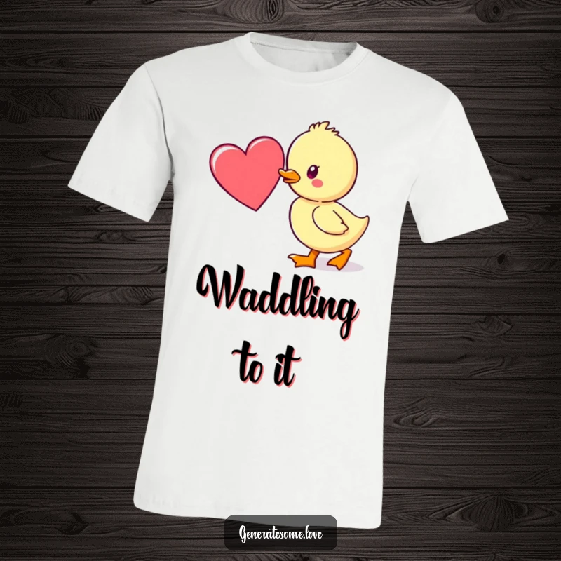 Funny t-shirt with a kawaii duckling waddling towards a heart, symbolizing love, determination, and adorable pursuit.