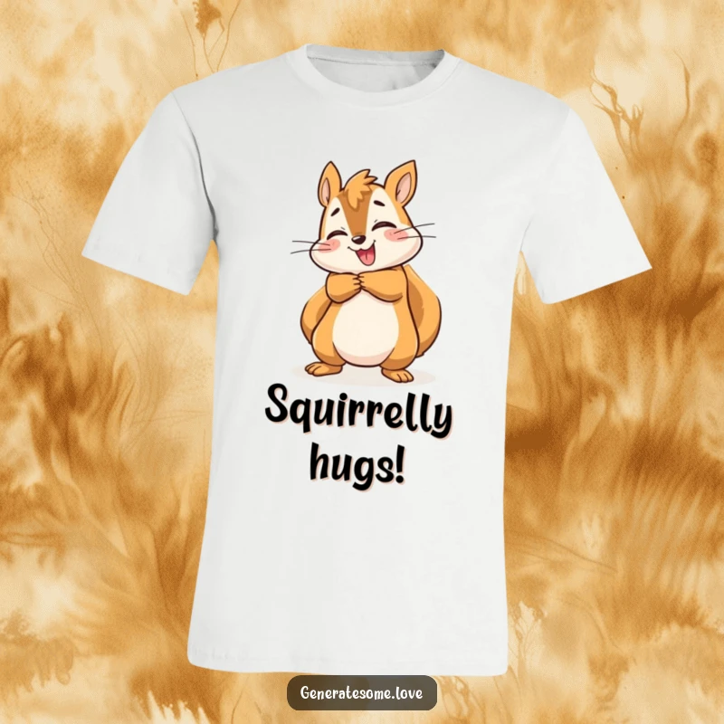 Funny energetic squirrel character in mid-hug, radiating joy and excitement on a comfortable t-shirt.