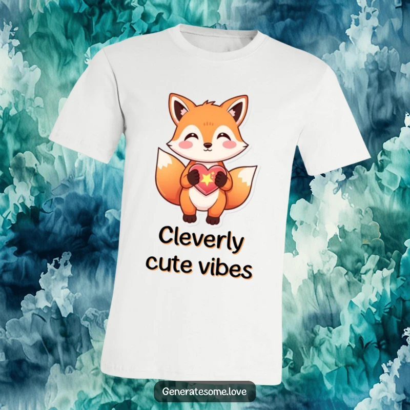 Funny fox t-shirt joyfully gifting a bright, sparkly heart, symbolizing happiness and cleverness, a cute gift.