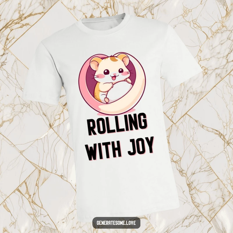 Funny t-shirt featuring a kawaii hamster comically rolling inside a heart-shaped ball, showcasing playful energy and adorable fun.