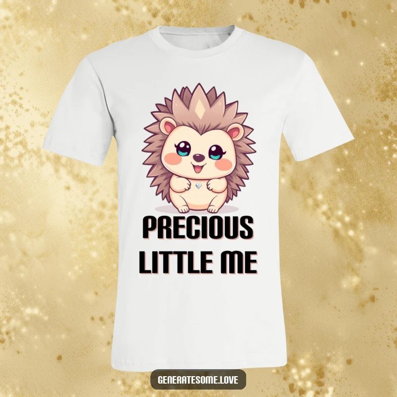 Funny happy hedgehog character presenting a glittering gem with joy on a comfortable t-shirt.