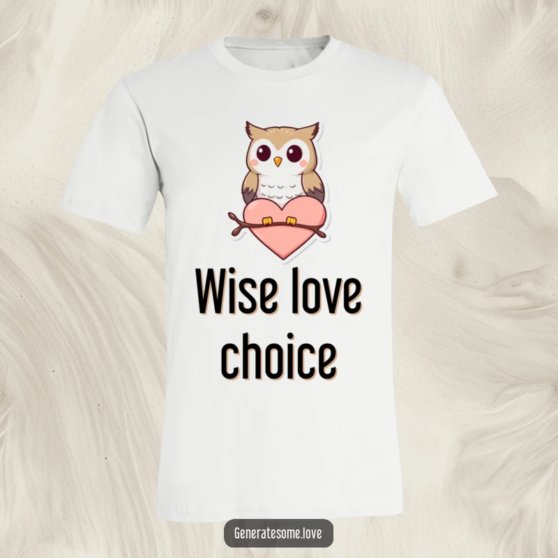 Funny T-shirt showing a small, cheerful owl character happily perched on a heart shape.