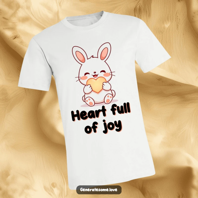 Funny joyful bunny t-shirt, holding a glowing heart symbol, cute and heartwarming character design.