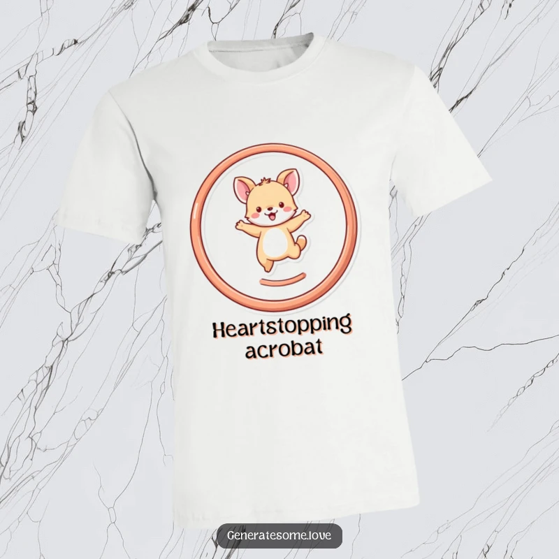 Funny tiny cute animal character leaping with excitement through a heart hoop, on a t-shirt, embodying pure joy and fun.