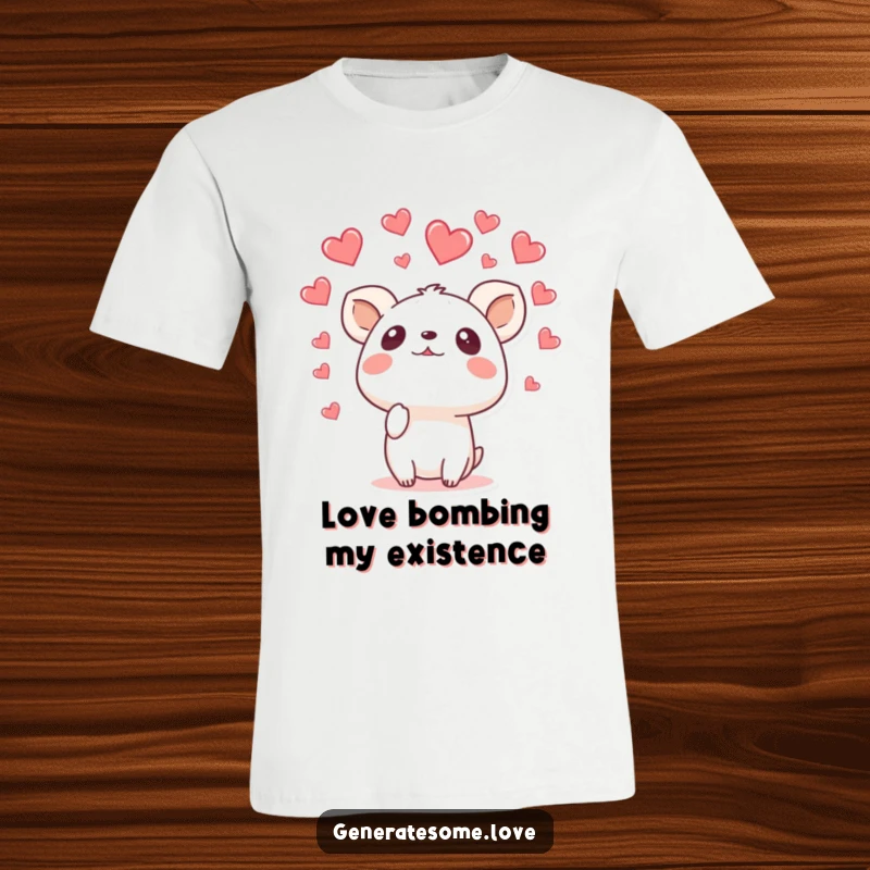 Funny t-shirt depicting a surprised animal character looking upwards with wide eyes as a gentle rain of hearts falls all around it.