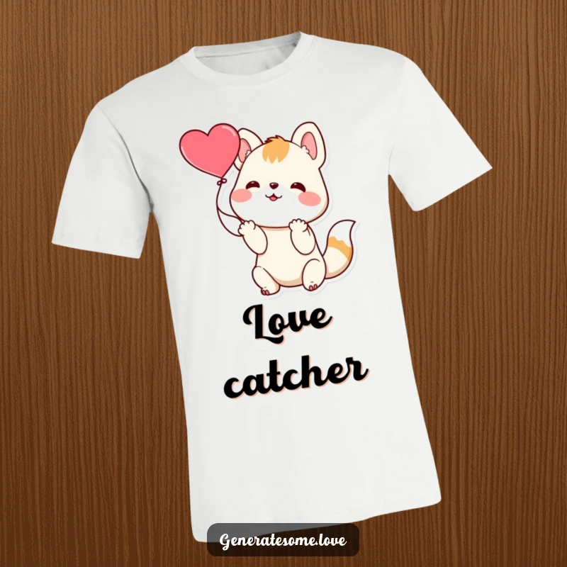 Funny playful animal character catching a floating heart with its paws on a t-shirt, symbolizing love and playful interaction.