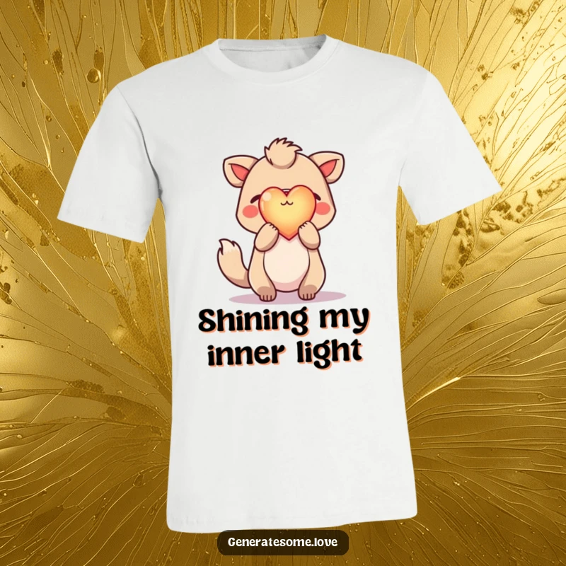 Funny t-shirt depicting a hopeful animal character holding a bright, glowing heart up high, symbolizing hope, love, and positivity.