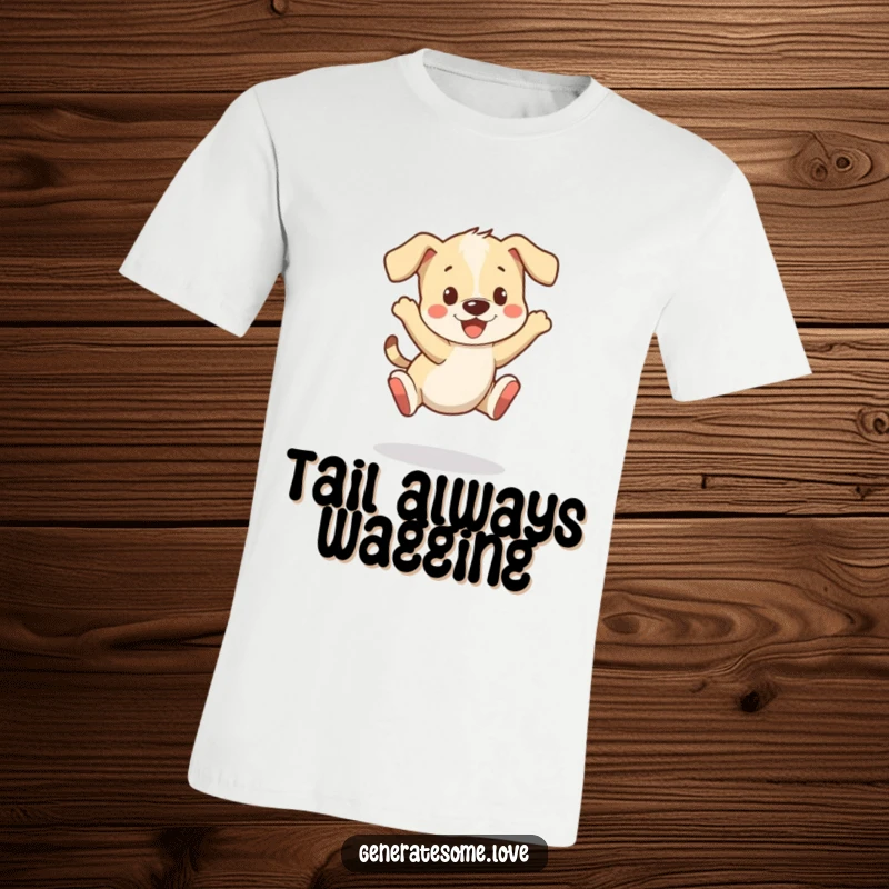 Funny t-shirt showcasing a playful puppy character excitedly bouncing with its tail wagging enthusiastically.