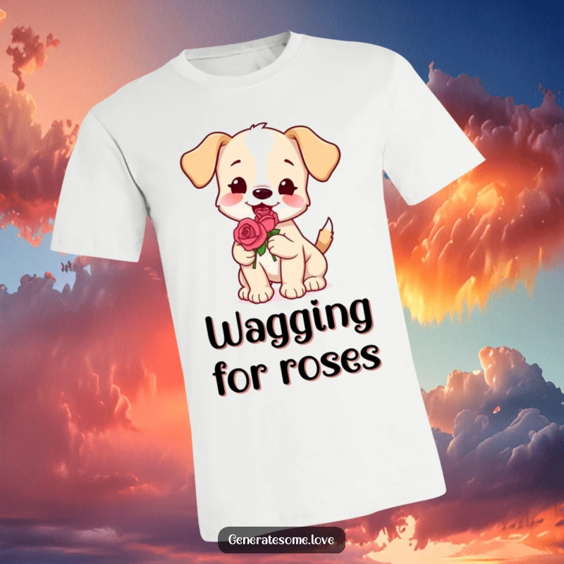 Funny playful puppy t-shirt holding a single rose, wagging its tail happily, symbolizing love and devotion, cute gift.