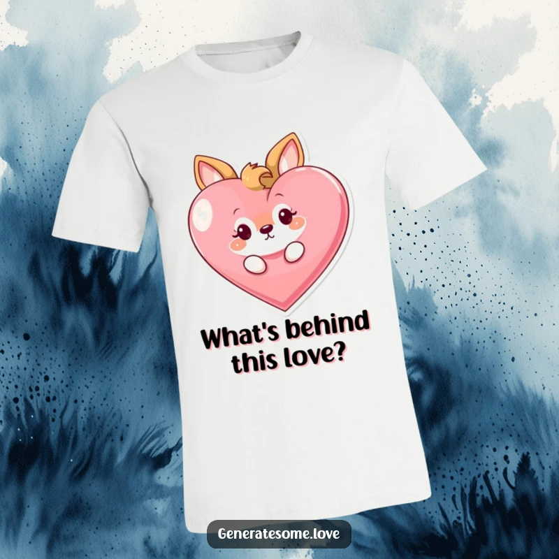 Funny t-shirt depicting a curious animal character playfully peeking out from behind a large, vibrant heart, conveying a sense of playful mystery.