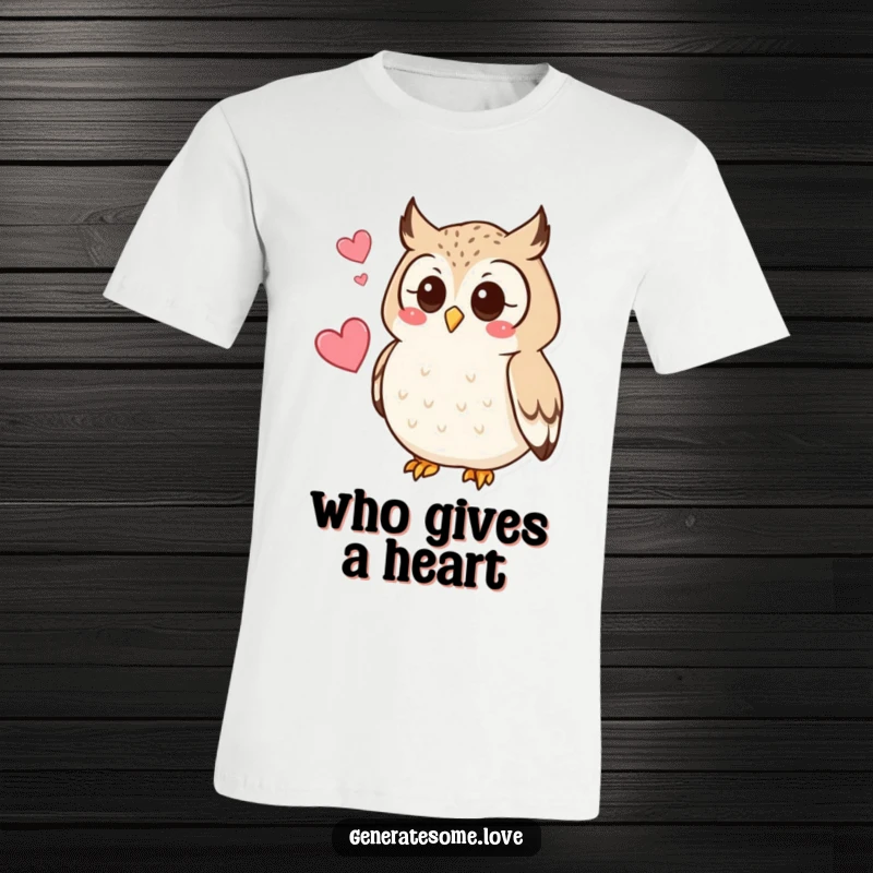 Funny t-shirt featuring a curious owl character hooting softly, with a heart nearby, representing thoughtful affection.