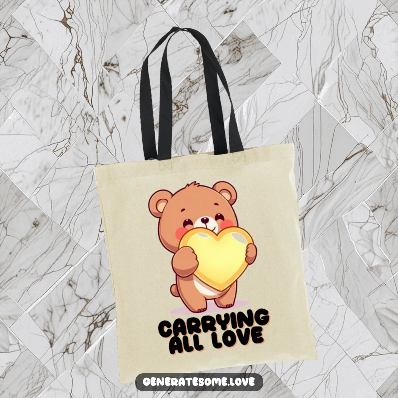 Funny kawaii bear tote bag with a cute bear presenting a glowing heart, ideal for carrying love.