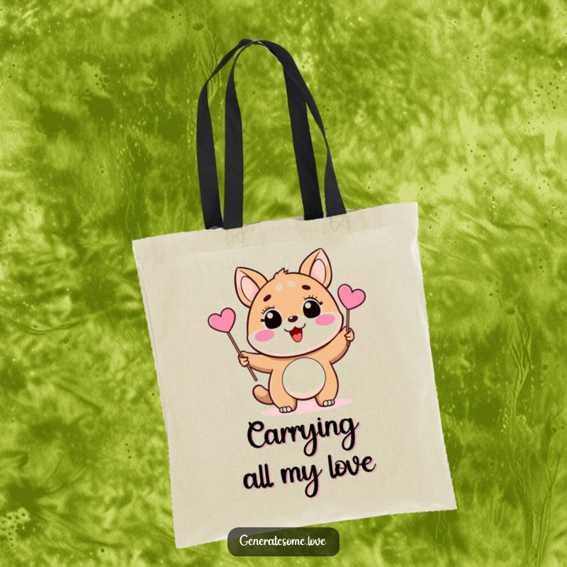 Funny tote bag with a delighted animal character waving a pink heart flag, perfect for carrying essentials with a touch of love.