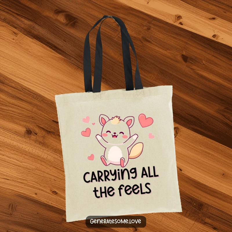 Funny tote bag showcasing a whimsical animal character ecstatically jumping amidst a flurry of hearts, perfect for carrying essentials with humor.