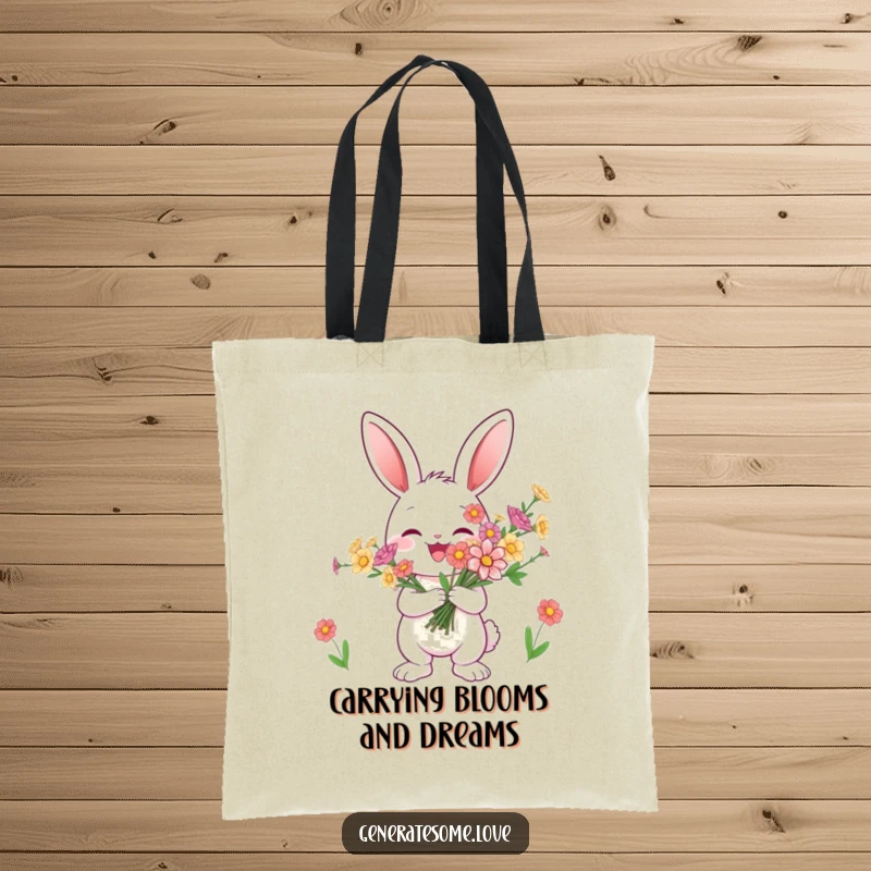 Funny bunny tote bag holding a bouquet of flowers, perfect for carrying essentials with a cheerful touch, great gift.