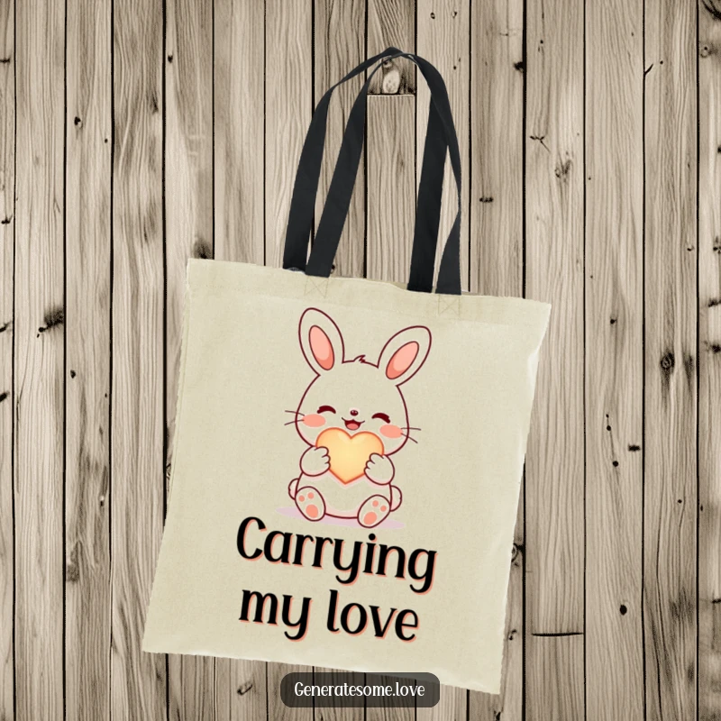 Funny joyful bunny tote bag, holding a glowing heart symbol, carrying love and happiness.