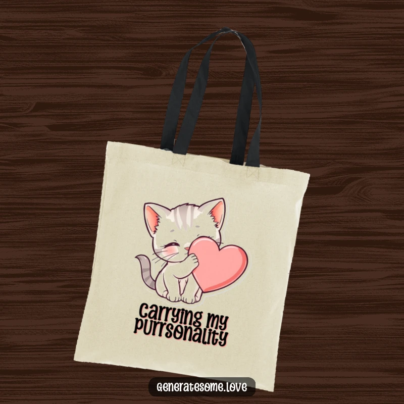 Funny kitten tote bag nuzzling a heart, perfect for cat lovers, a great gift.