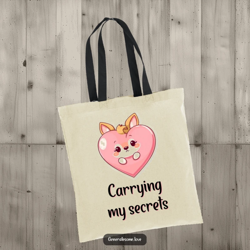 Funny tote bag showcasing a curious animal character playfully peeking from behind a giant heart, perfect for carrying essentials with a hint of mystery.