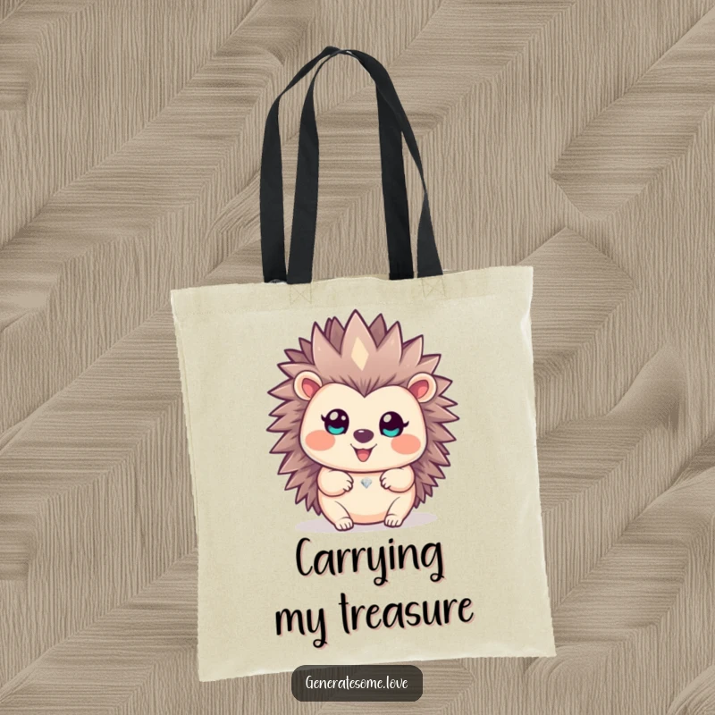 Funny happy hedgehog character offering a sparkling gem in this practical and humorous tote bag.