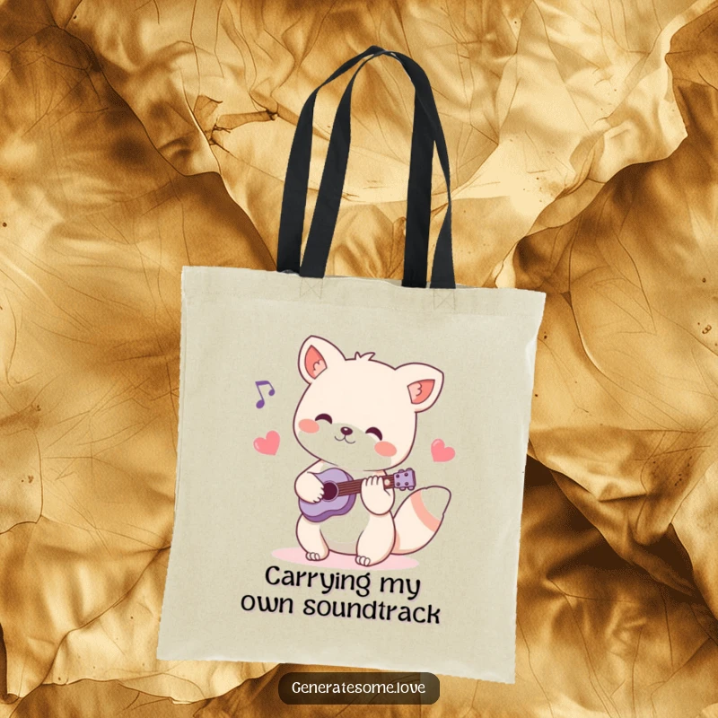 Funny tote bag depicting a charming animal musician playing an instrument, surrounded by heart-shaped musical notes, perfect for carrying essentials musically.