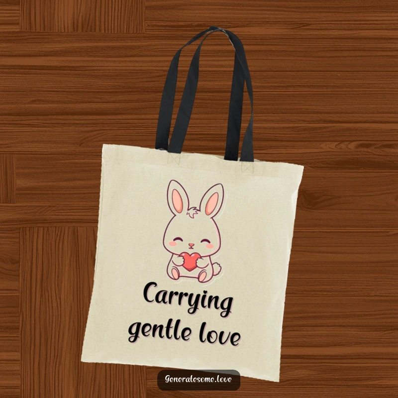 Funny tote bag with a darling bunny character nudging a tiny heart forward with its nose.