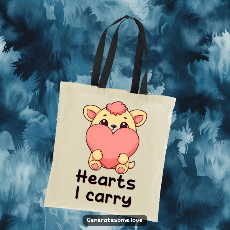 Funny cheerful animal character with wide eyes looking at a big heart, on a tote bag, symbolizing love and admiration.