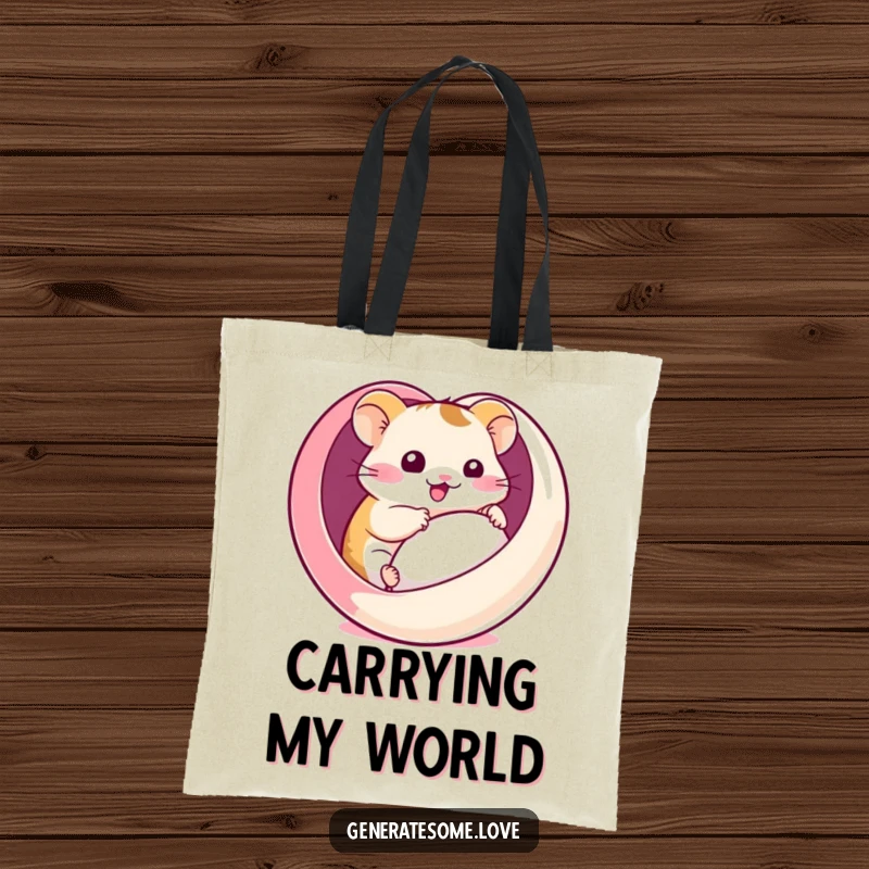 Funny tote bag with a kawaii hamster comically rolling inside a heart-shaped ball, perfect for carrying items with a dose of playful charm.