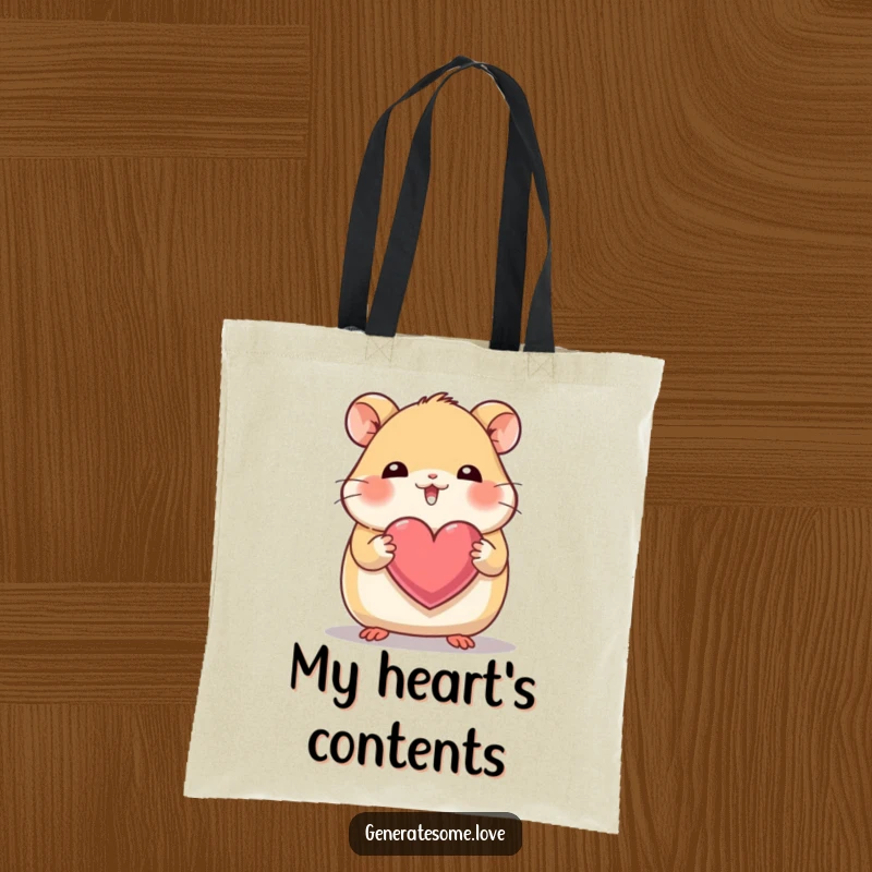 Funny tote bag with a giggling hamster character holding a heart with its tiny paws, ideal for carrying love.