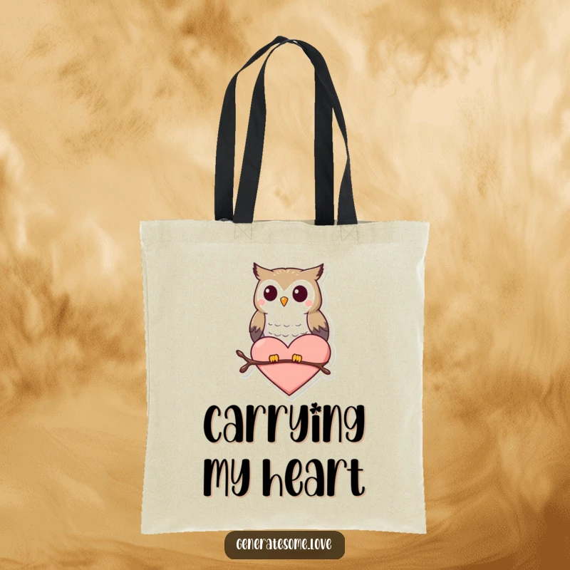 Funny tote bag with a small, happy owl sitting on a heart shape, symbolizing love and wisdom.