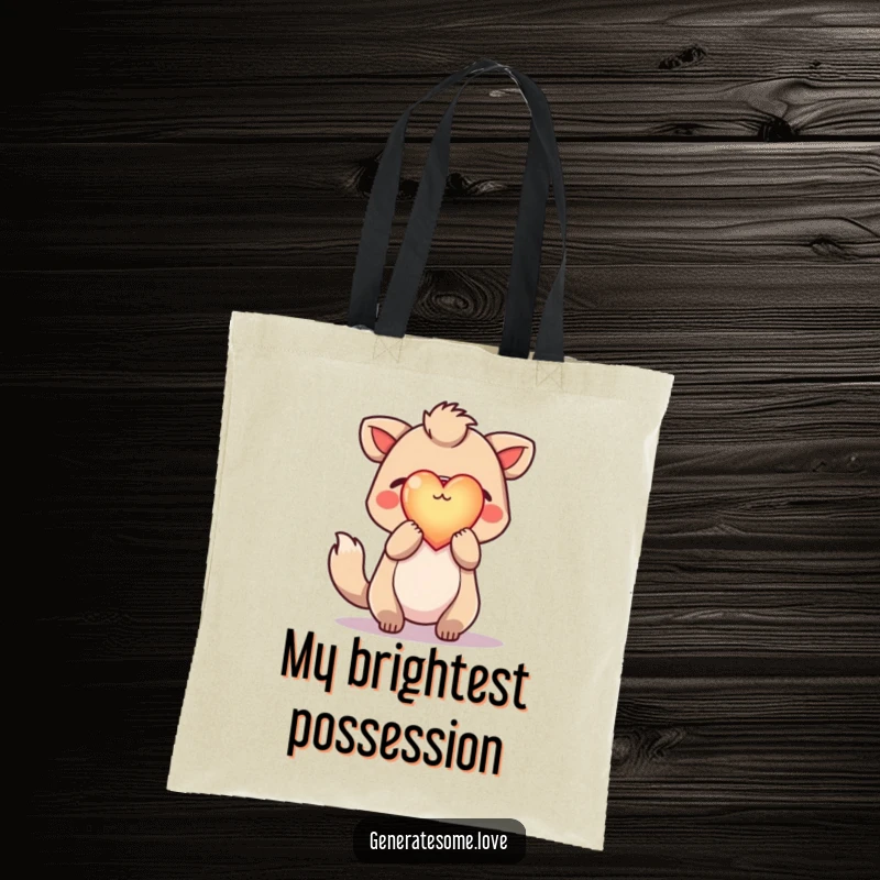 Funny tote bag showcasing a hopeful animal character holding a bright, glowing heart aloft, symbolizing positivity and warmth for daily use.